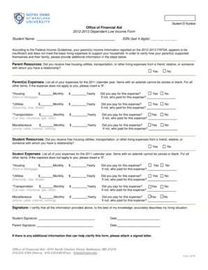 2012-2013 Dependent Low Income Form