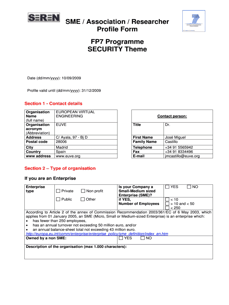 SME researcher associations profile form fp7SEC2010EUVE DOC Preview on Page 1