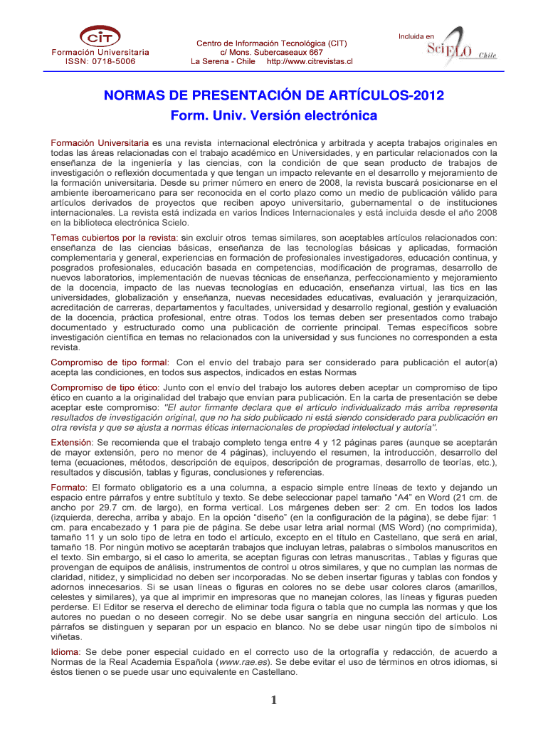 Fillable Online NORMAS DE PRESENTACI N DE ART CULOS 2012 Form Univ 