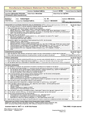 Manufacturer Disclosure Statement for Medical Device Security – MDS2
