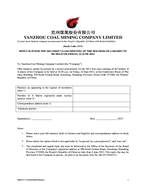Yanzhou Coal Mining Company Reply Slip