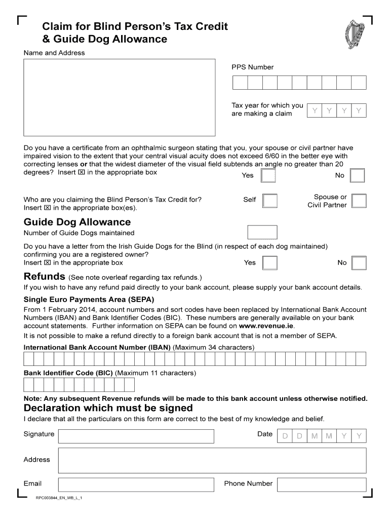 Fillable Online revenue Claim Form for Blind Person's Tax Credit
