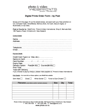 Digital Prints Order Form