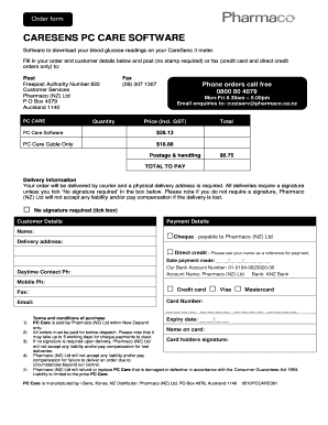 CareSens PC Care Software Order Form