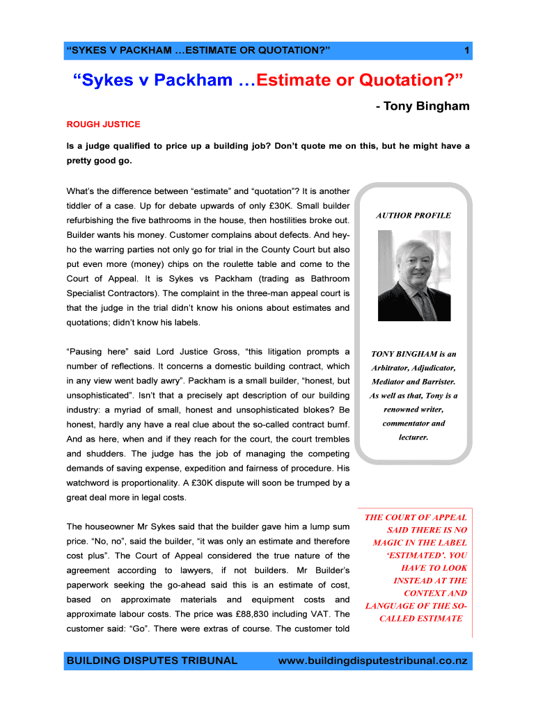 Fillable Online SYKES V PACKHAM ESTIMATE OR QUOTATION Fax Email Print