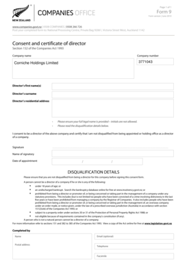 Consent and Certificate of Director Form 9