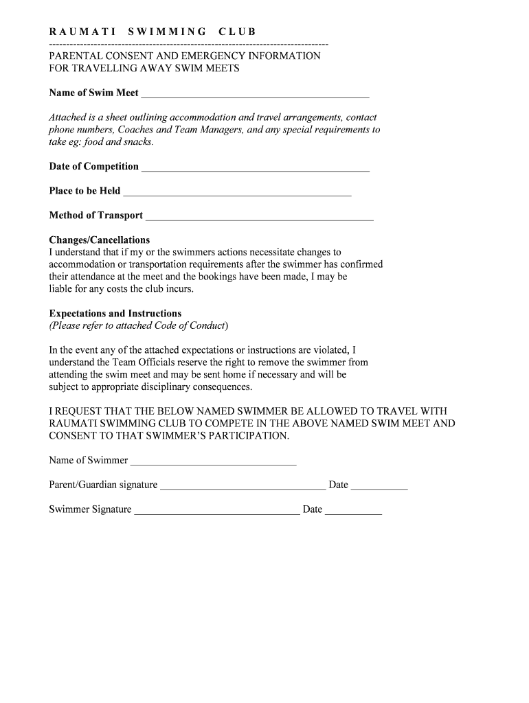 Medical and Travel form - Raumati Swimming Club Preview on Page 1