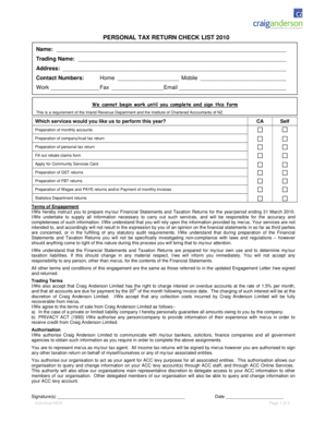 New Zealand Personal Tax Return Checklist 2010
