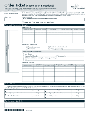 Sun Life Mutual Fund Redemption & Interfund Order Ticket