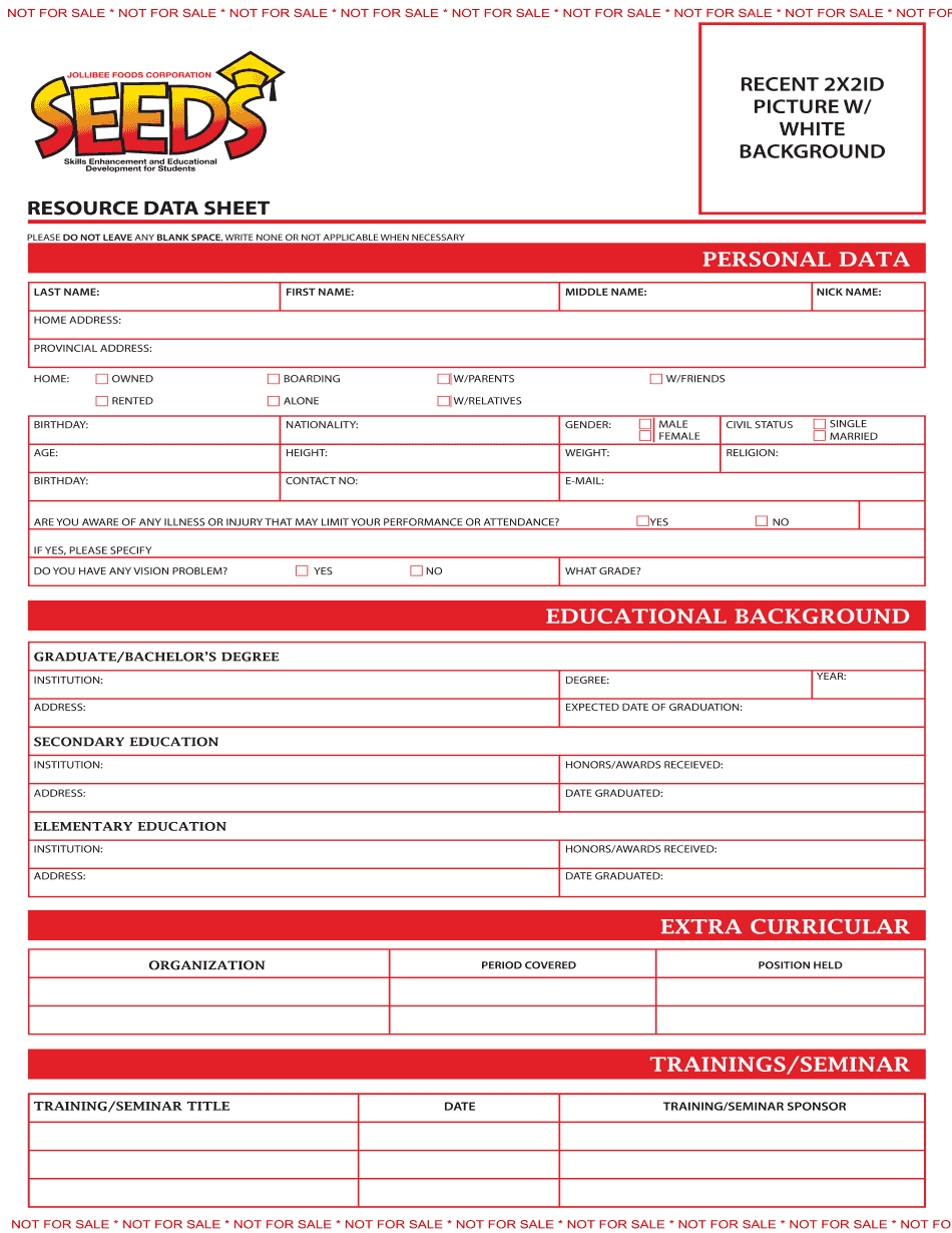 Jollibee Resource Data Sheet Form