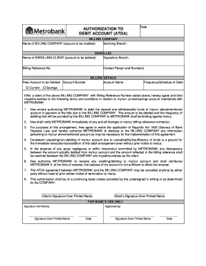 MetroBank Authorization to Debit Account