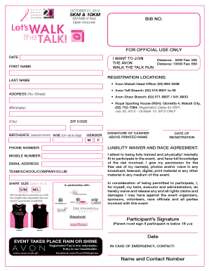 Avon Walk the Talk Run Registration Form