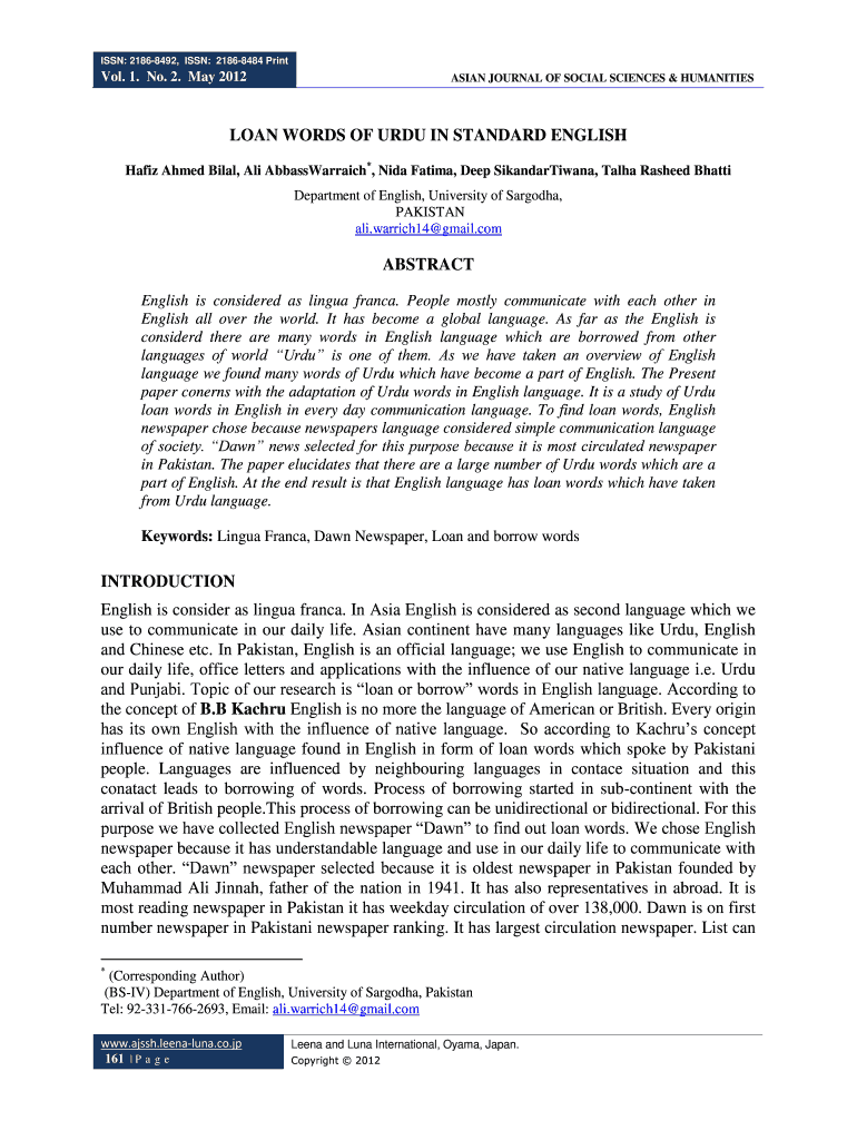 Fillable Online LOAN WORDS OF URDU IN STANDARD ENGLISH Fax Email Print