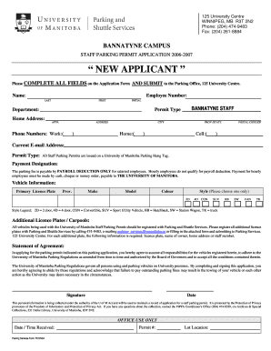 University of Manitoba Staff Parking Permit Application 2006-2007