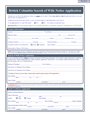 British Columbia Search of Wills Notice Application