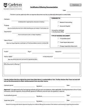 Certificate of Missing Documentation Form