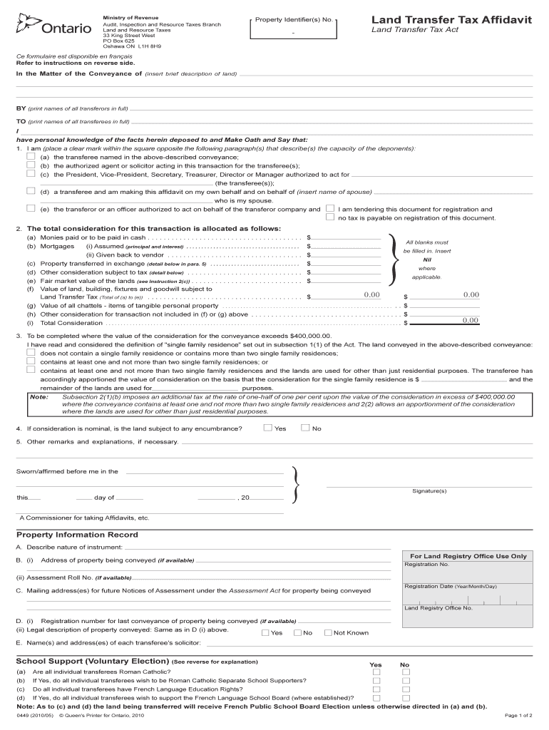 Fillable Online fin gov on Land Transfer Tax Affidavit forms Ontario