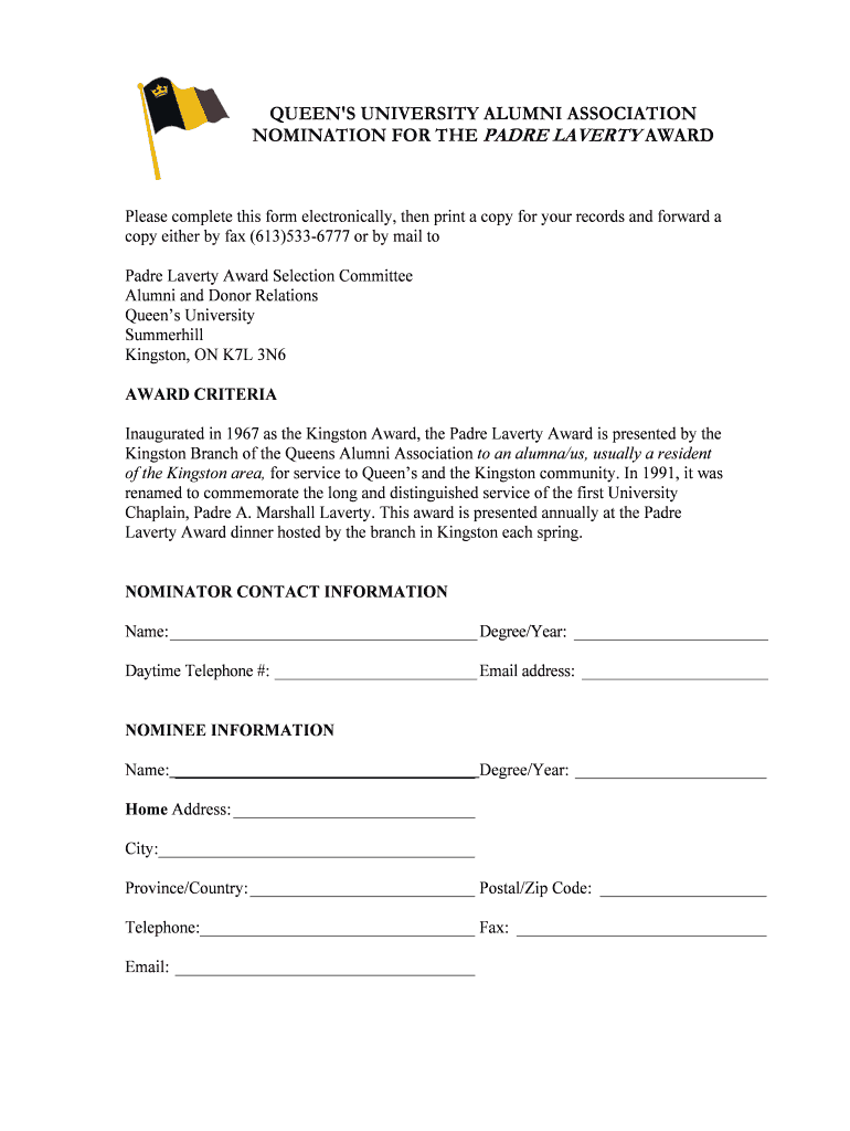 Fillable Online Padre Laverty Award Nomination Form Fax Email Print ...