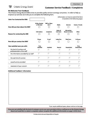 Ontario Energy Board Customer Service Feedback Form