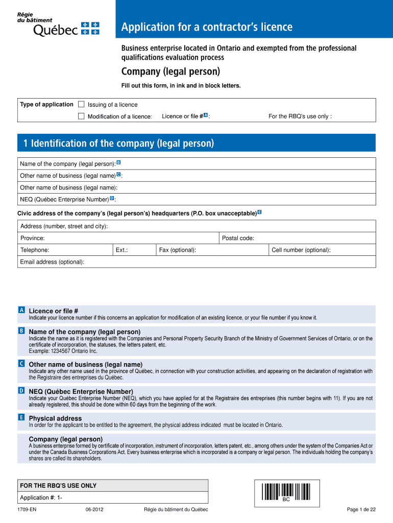 Contractor's Licence Application Company domiciled in Ontario and Preview on Page 1