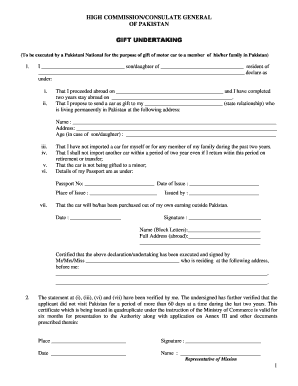 Pakistan Gift Undertaking for Motor Car