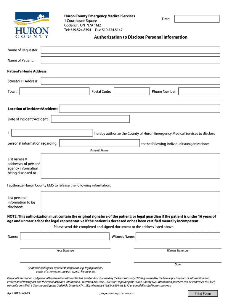 Huron County Emergency Medical Services Authorization to Disclose Personal Information Form, 2012 Re Preview on Page 1