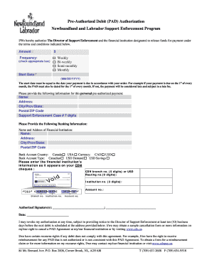 Newfoundland and Labrador PAD Authorization Form