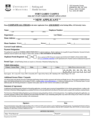 University of Manitoba Staff Parking Permit Application