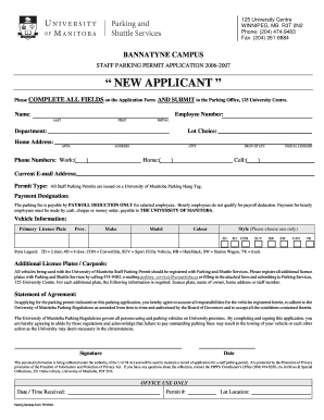 University of Manitoba Staff Parking Permit Application