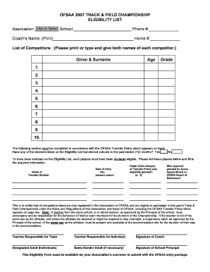 OFSAA 2007 Track & Field Eligibility List