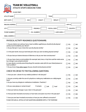 Team BC Volleyball Athlete Sports Medicine Form