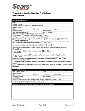 Sears prospective vendor supplier profile form