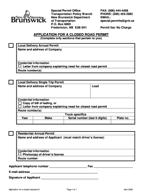 New Brunswick Closed Road Permit Application