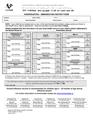 Kindergarten Immunization History Form