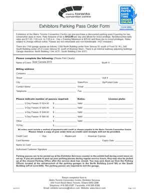 Exhibitors Parking Pass Order Form