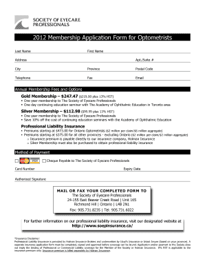 2012 Membership Application Form for Optometrists