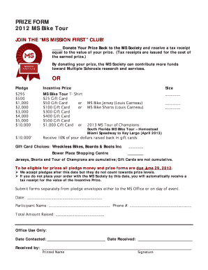 2012 MS Bike Tour Prize Form