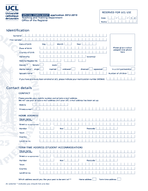 UCL Special Enrolment Application 2012-2013