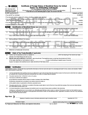 Form W-8BEN Certificate of Foreign Status