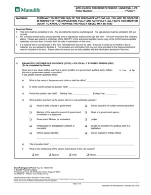 Application for Reinstatement Universal Life