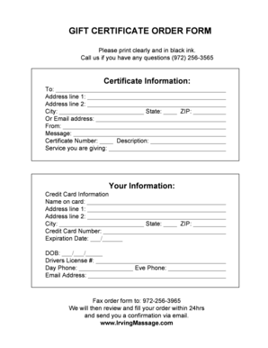 Gift Certificate Order Form