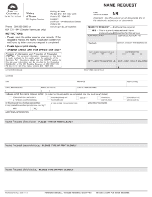 British Columbia Name Approval Request Form