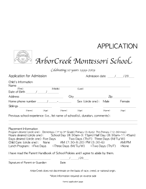 Fillable Online Application Form Arborcreek Montessori School Fax Email Print Pdffiller