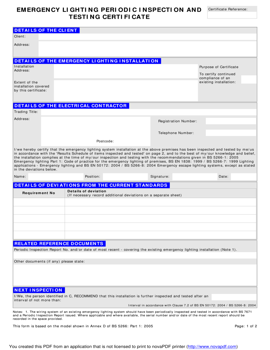 Emergency Lighting Certificate Form