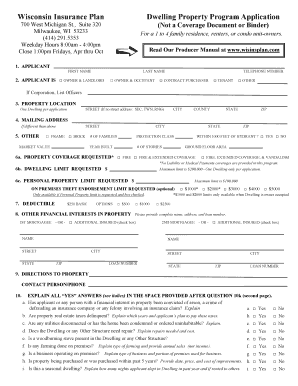 Wisconsin Insurance Plan Dwelling Property Program Application