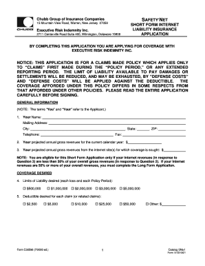 Chubb Short Form Internet Liability Insurance Application