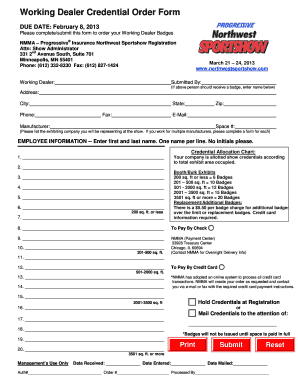 Working Dealer Credential Order Form - Northwest Sportshow