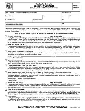 Utah Sales Tax Exemption Certificate TC-721