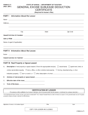 Hawaii General Excise Sublease Deduction Certificate
