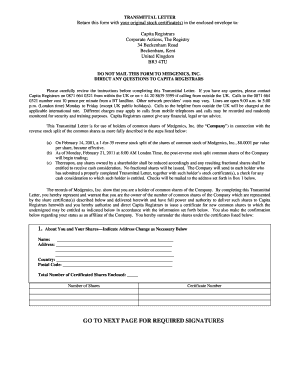 Application for degree certificate - Transmittal Letter for exchanging stock certificates - Medgenics